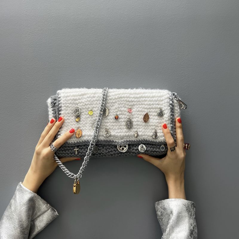 Conxuro Hand Knitted Bag With Medals - White & Grey image