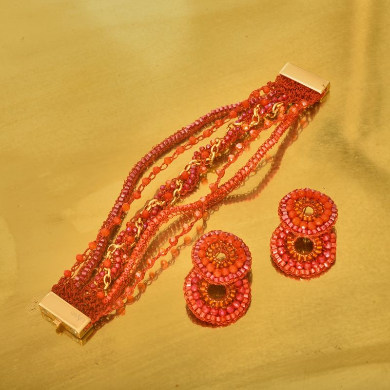 Coral Red Mix Waves Handmade Crochet Bracelet image