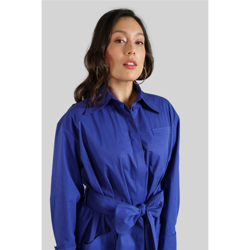 Cotton Belted Gathered Maxi Shirt Dress / Vivid Blue image