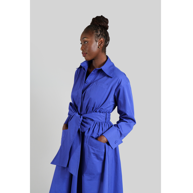 Cotton Belted Gathered Maxi Shirt Dress / Vivid Blue image