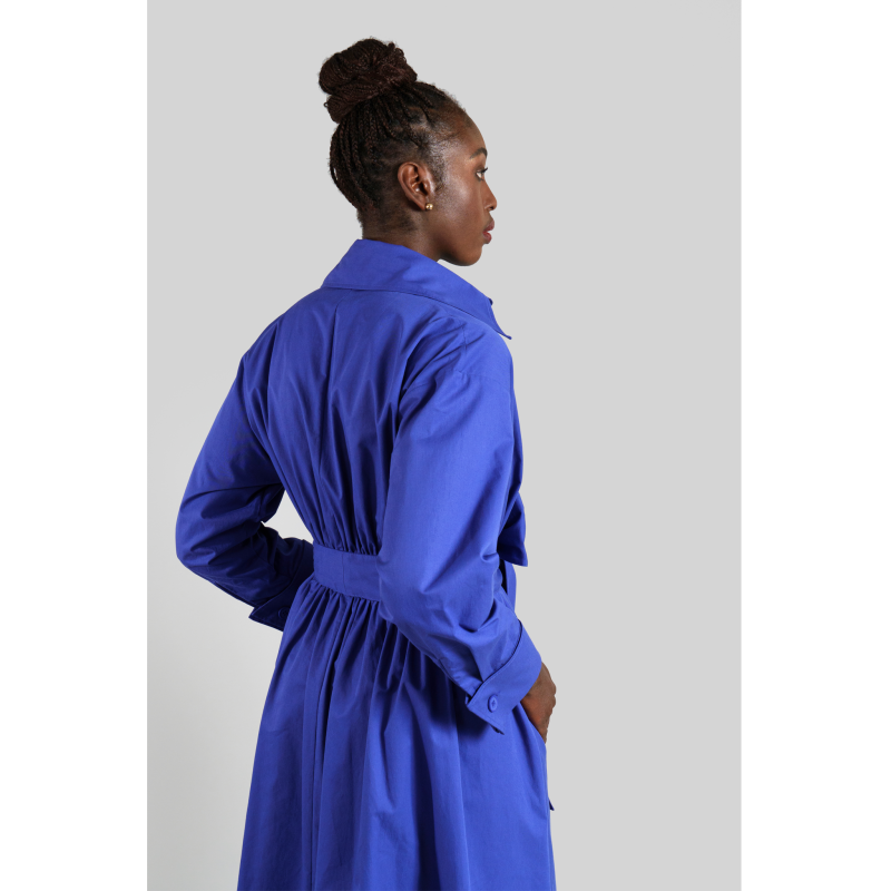 Cotton Belted Gathered Maxi Shirt Dress / Vivid Blue image