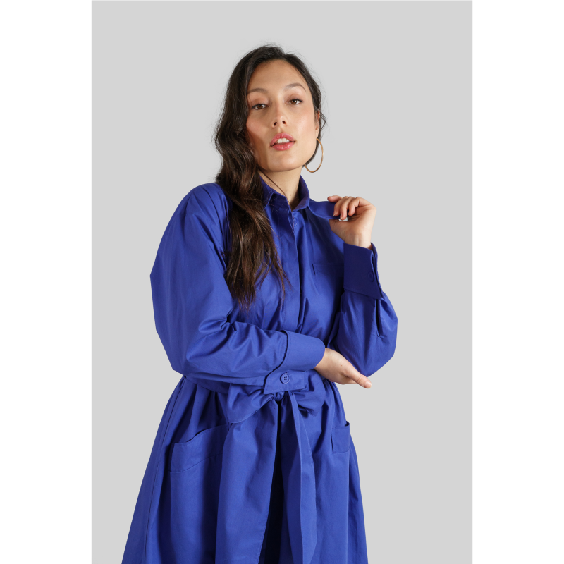 Cotton Belted Gathered Maxi Shirt Dress / Vivid Blue image