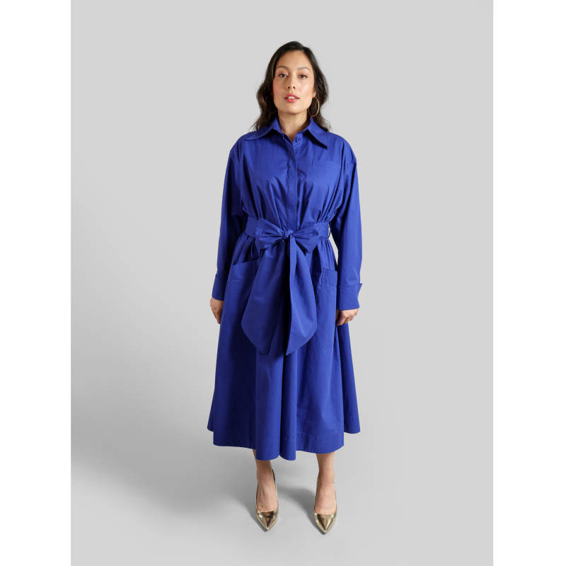 Cotton Belted Gathered Maxi Shirt Dress / Vivid Blue image