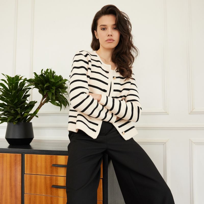 Cotton Black And White Striped Knitted Cardigan image