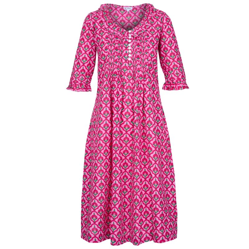 Cotton Karen 3/4 Sleeve Day Dress In Pink & Green Moroccan image