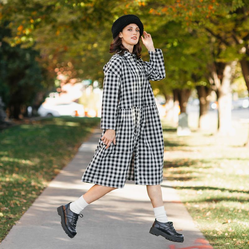 Cotton Linen Gingham Shirt Dress Black & Natural image