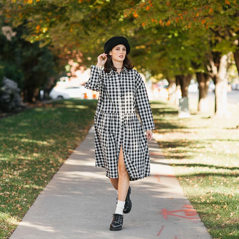 Cotton Linen Gingham Shirt Dress Black & Natural image