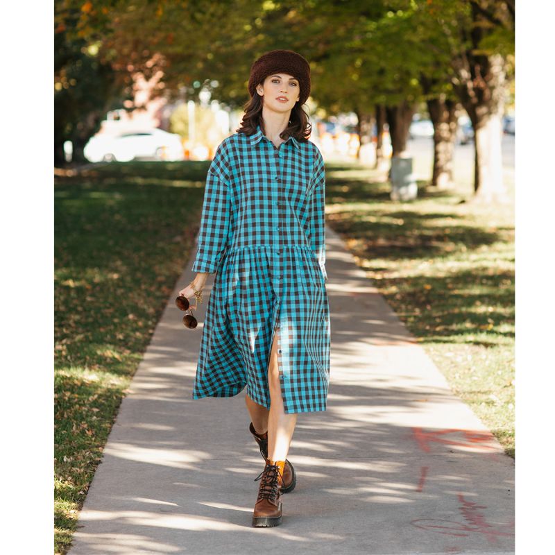 Cotton Linen Gingham Shirt Dress Brown & Turquoise image