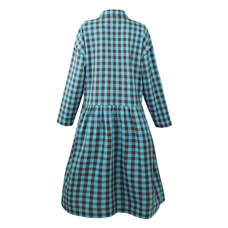 Cotton Linen Gingham Shirt Dress Brown & Turquoise image