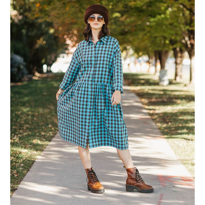 Cotton Linen Gingham Shirt Dress Brown & Turquoise image