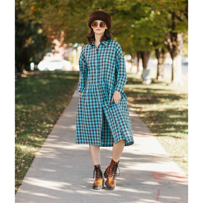 Cotton Linen Gingham Shirt Dress Brown & Turquoise image