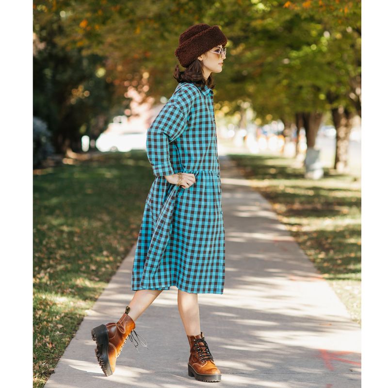 Cotton Linen Gingham Shirt Dress Brown & Turquoise image