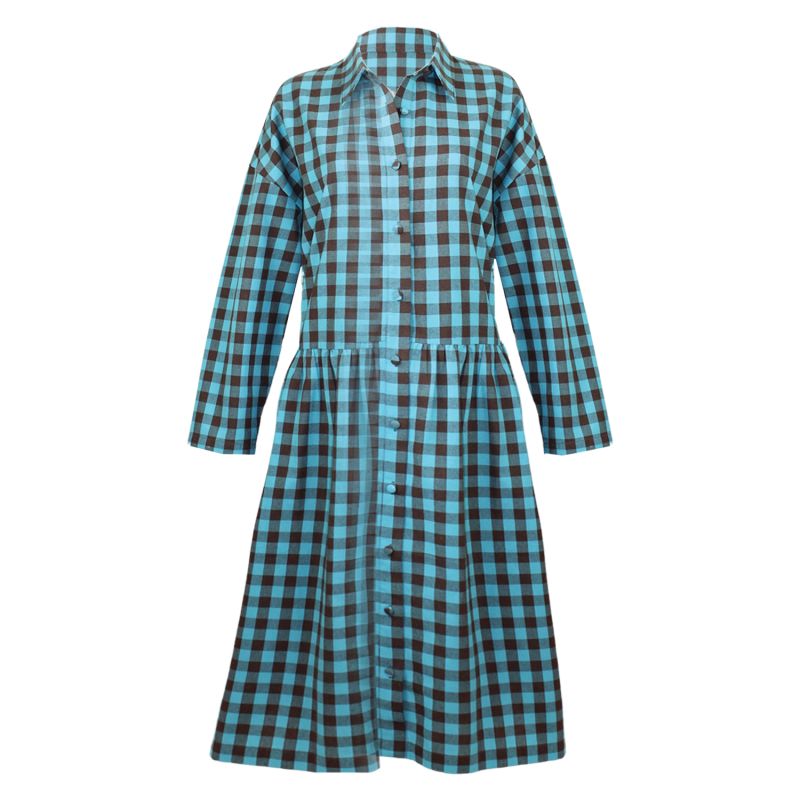 Cotton Linen Gingham Shirt Dress Brown & Turquoise image