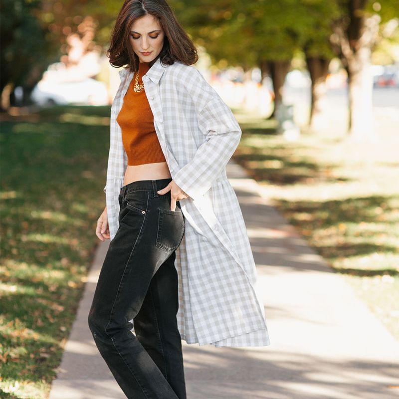 Cotton Linen Gingham Shirt Dress Natural & White image