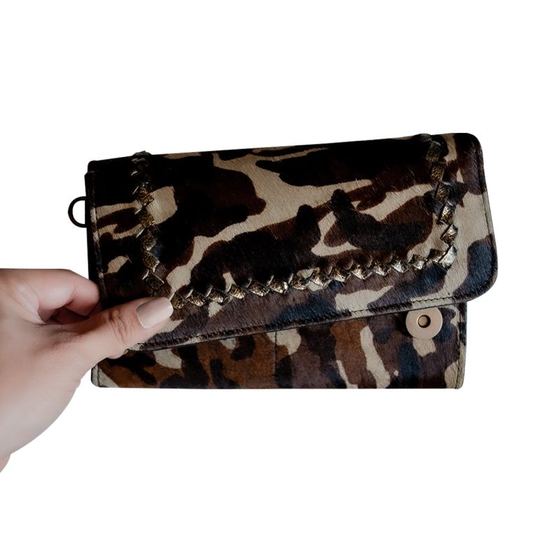 Cowhide Fur Leather Wallet Wristlet Purse Clutch With Hidden Phone Compartment image