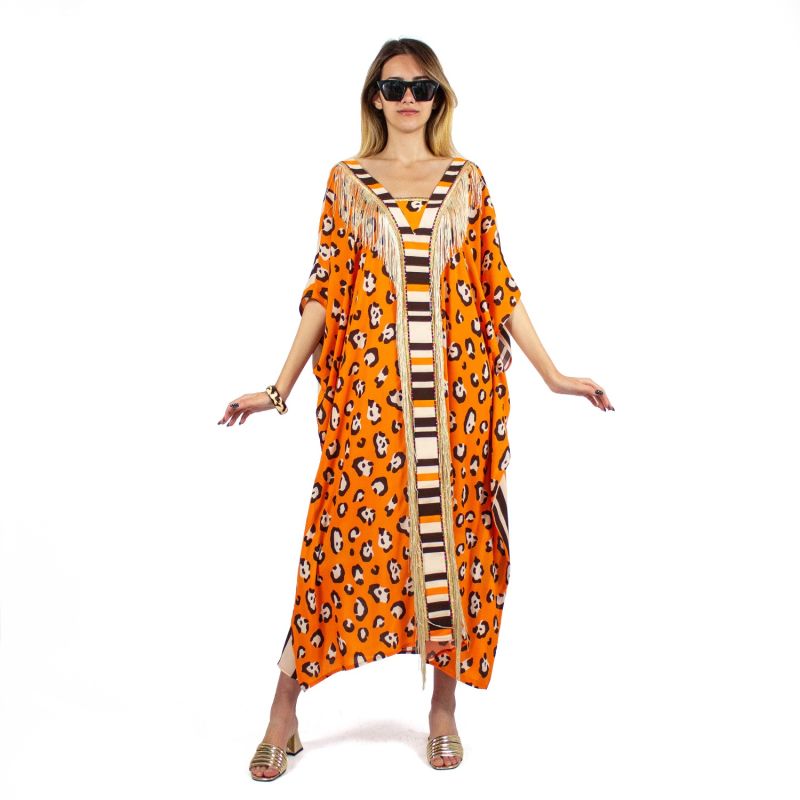 Leopard Print Viscose Kaftan With Fringe Details image