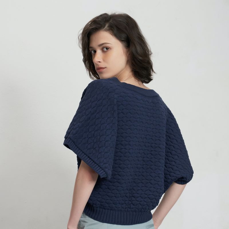 Cropped Cotton Cardigan With Kimono Sleeves Navy Blue image