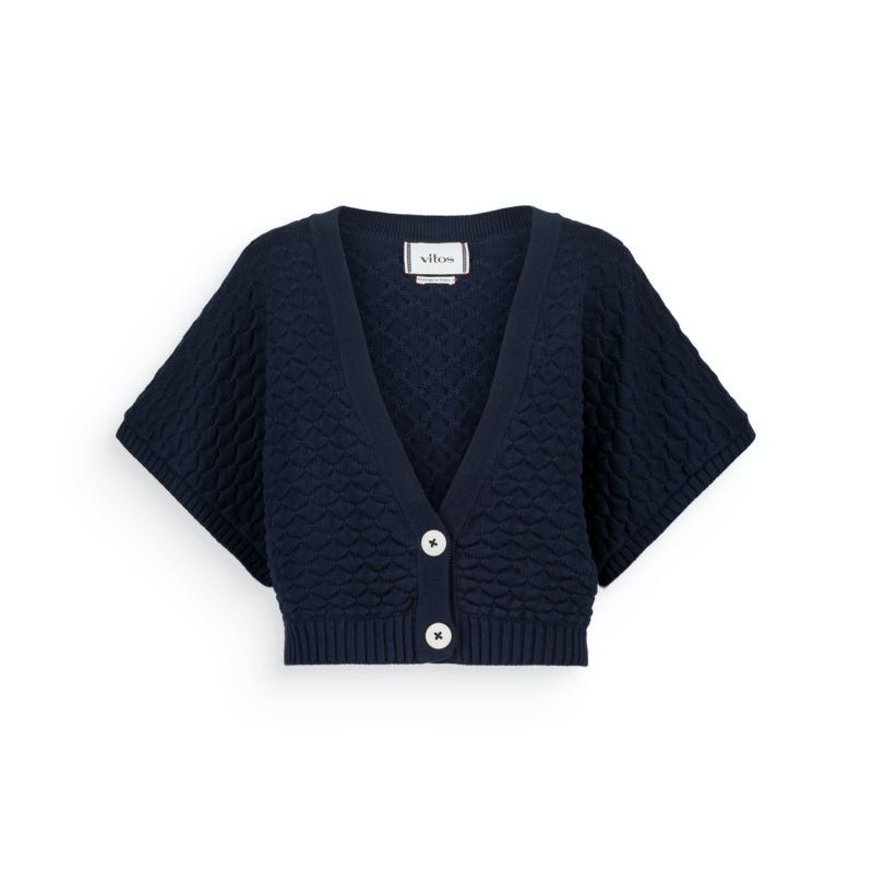 Cropped Cotton Cardigan With Kimono Sleeves Navy Blue image