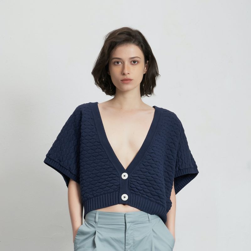 Cropped Cotton Cardigan With Kimono Sleeves Navy Blue image