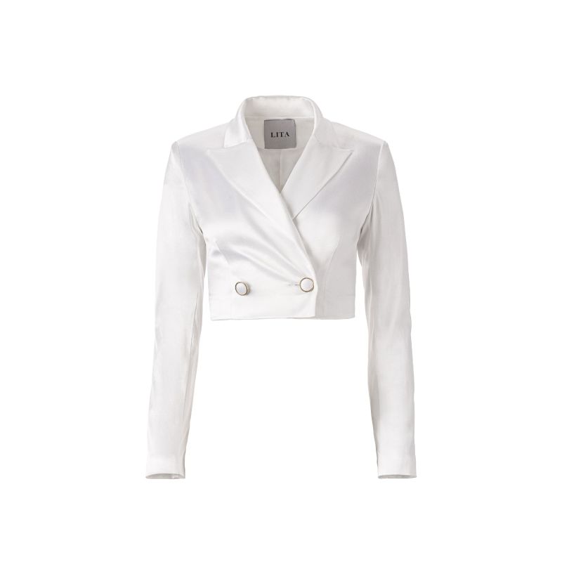 Cropped Satin Blazer In White image