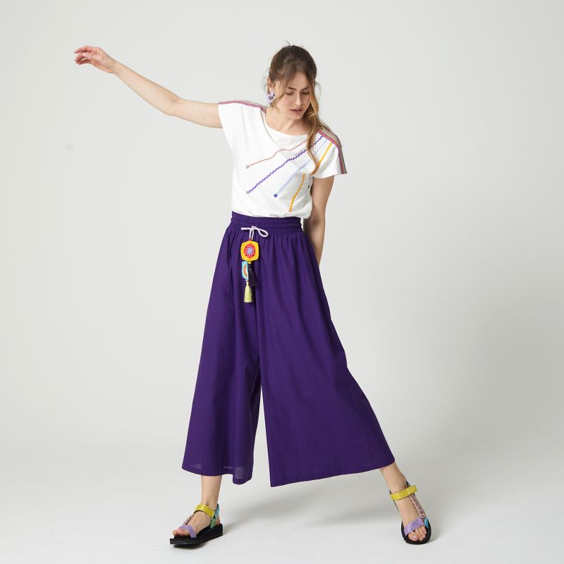 Cropped Wide-Leg Voile Pants With Crochet Belt image