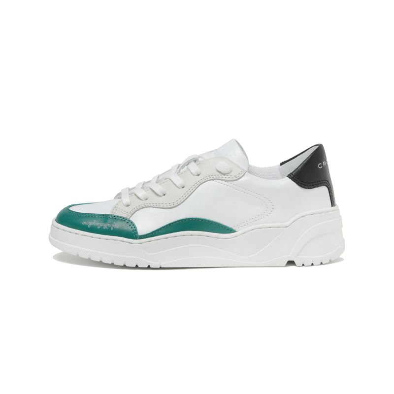 Crosty Onda Men’s Designer Sneakers - White Italian Leather - Green & Black Accents image