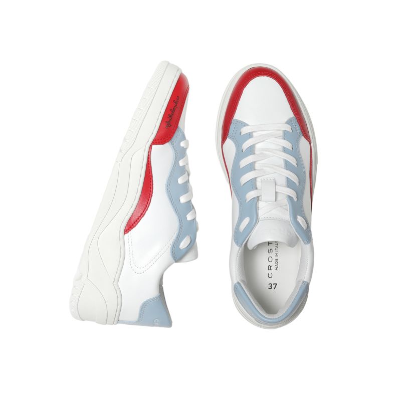 Crosty Onda Men’s Designer Sneakers - White Italian Leather - Red & Sky Blue Accents image