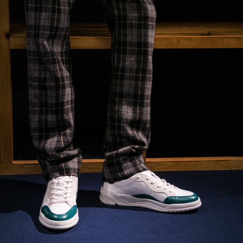 Crosty Onda Men’s Designer Sneakers - White Italian Leather - Green & Black Accents image