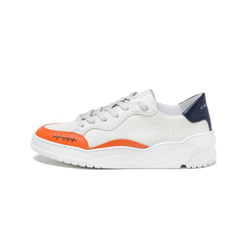 Crosty Onda Men's Designer Sneakers - Beige Italian Leather - Orange & Blue Accents image