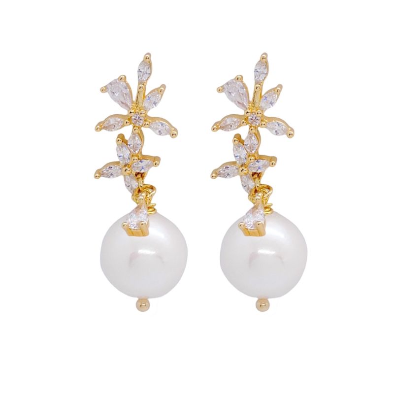 Crystal Flower Chain Pearl Earrings image