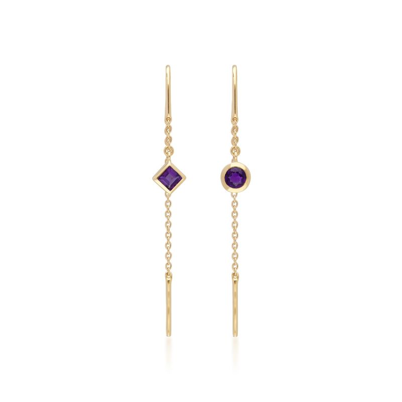 Mismatched Amethyst Pull Through Chain Earrings In Yellow Gold image