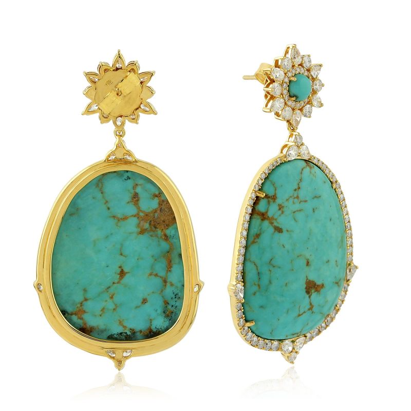 18K Yellow Gold Pave Diamond Turquoise Dangle Earrings Handmade Jewelry image