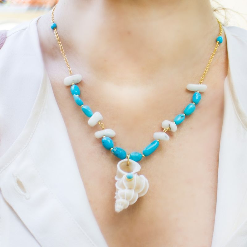 Turquoise & Coral Necklace With Wentletrap Shell image