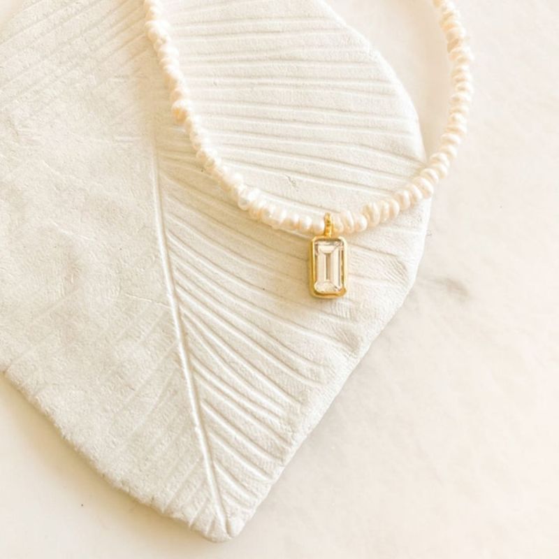 Una Rectangular Topaz Charm & Pearl Necklace image