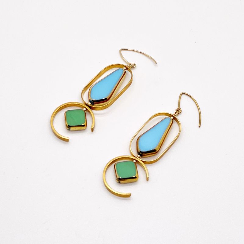 Opaque Pastel Blue & Green Geometric Art Earrings image