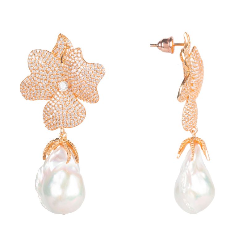 Baroque Pearl White Flower Drop Earrings Rosegold image