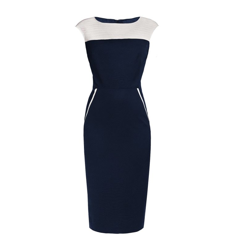 Kensington Navy & Cream Ribbed Viscose Pencil Dress image