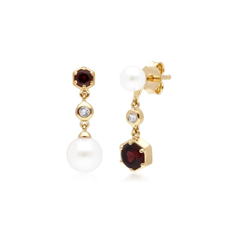 Modern Pearl, Garnet & White Topaz Mismatched Drop Earrings In Yellow Gold Plated Sterling Silver image