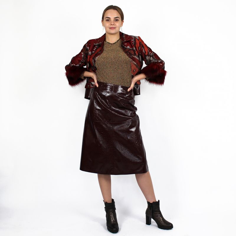 Mid-Length Vegan Patent Leather Maroon Skirt image