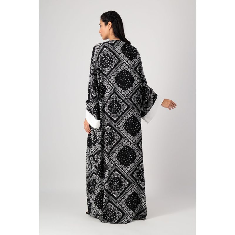 Classic Abaya Cut With Belt In Printed Black Paisley Rayon image