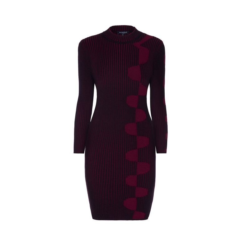 Luna Two-Tone Ribbed Knit Dress With Graphic Detail In Red image