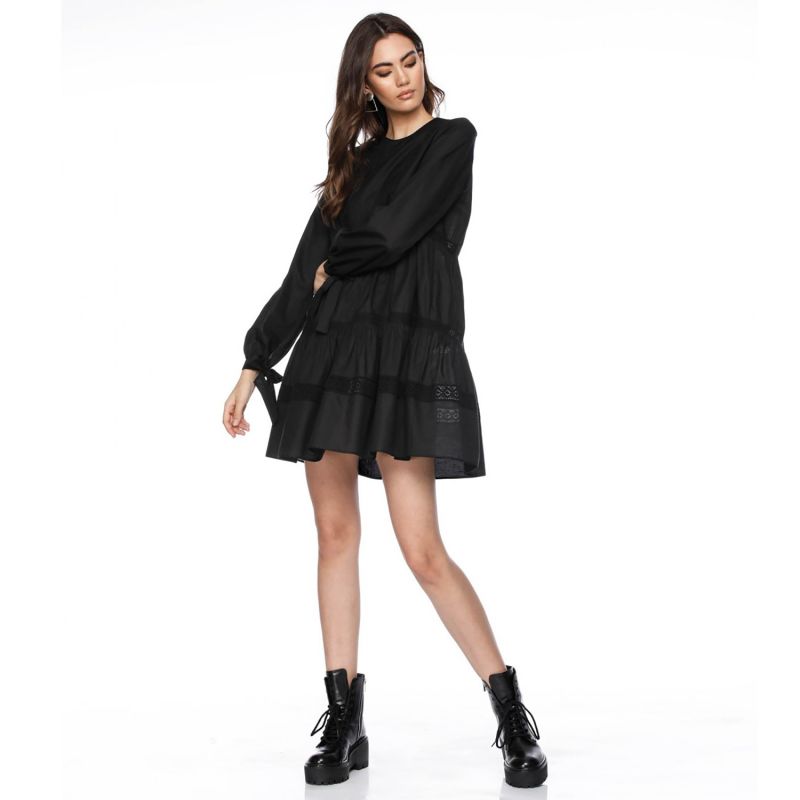 Edith A Line Black Cotton Dress With Lace Insertions image