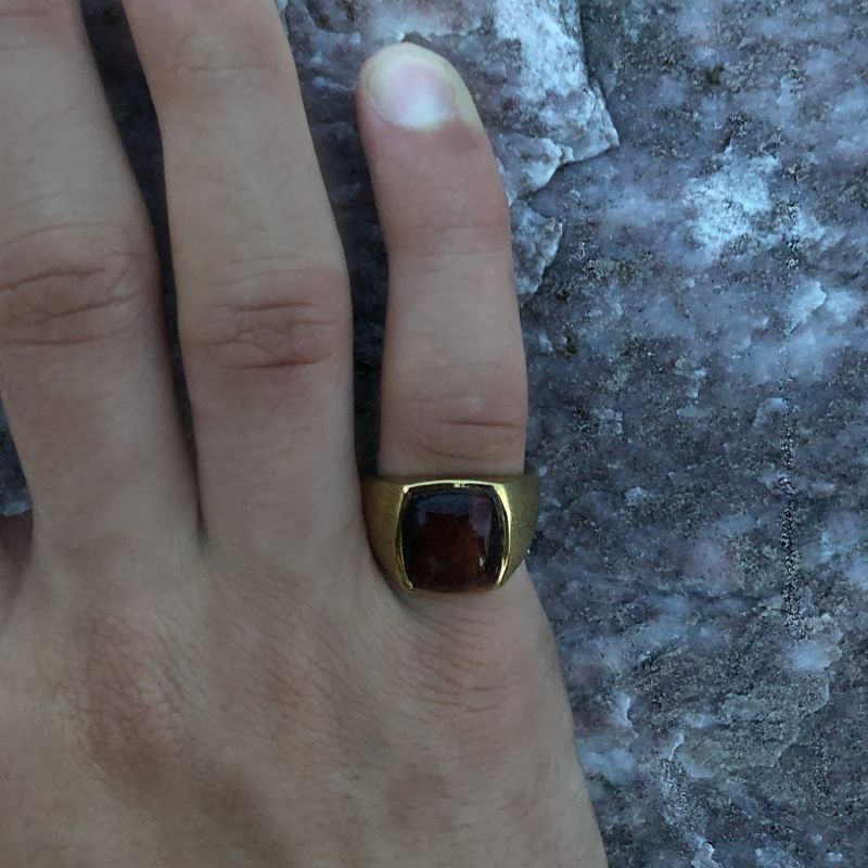 Chatoyant Red Tiger Eye Quartz Stone Signet Ring In 14K Yellow Gold Plated Sterling Silver image