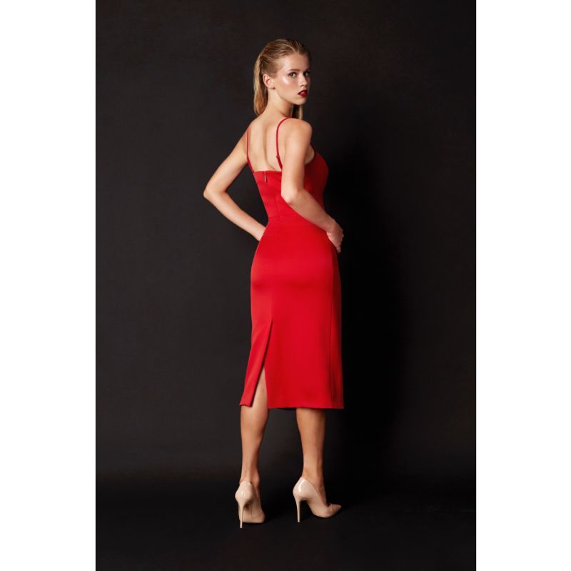 Ora Red Crepe Satin Midi Dress With Adjustable Straps image