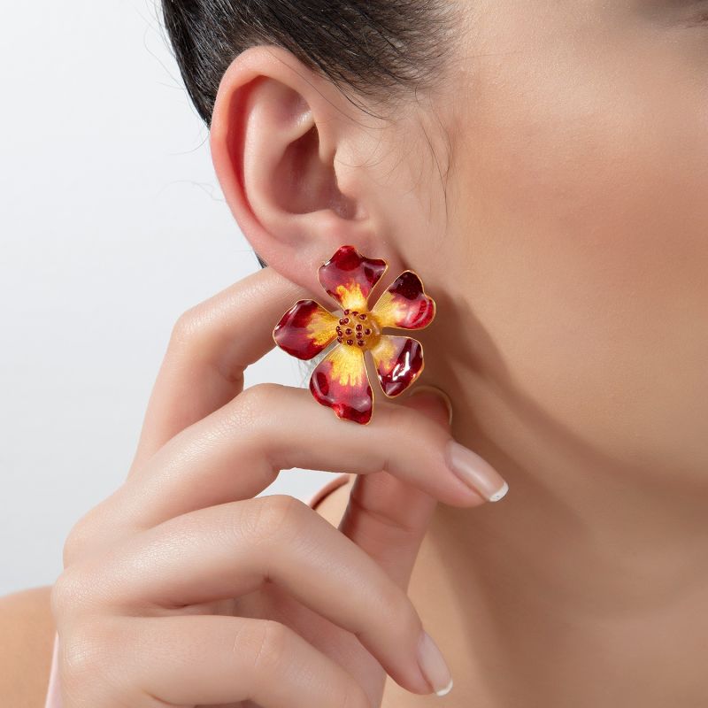 Red & Yellow Wild Rose Flower Earrings image