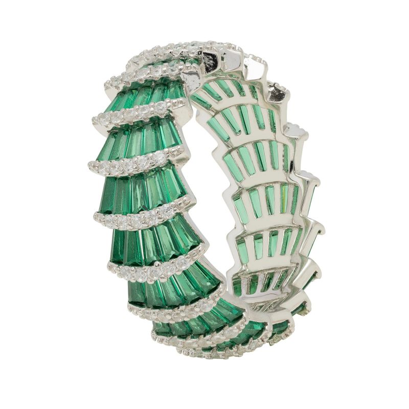 Deco Fantail Cocktail Ring Silver Emerald image