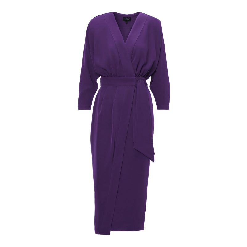 Deep Purple Midi Dress With Draping Detailing And Waist Belt