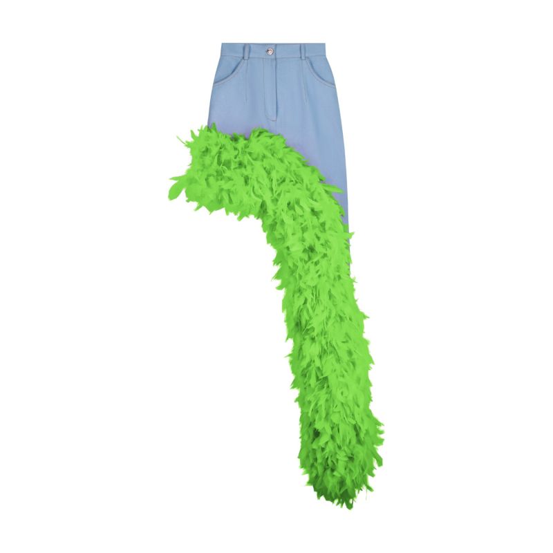 Denim Asymmetrical Green Feather Trim Skirt image