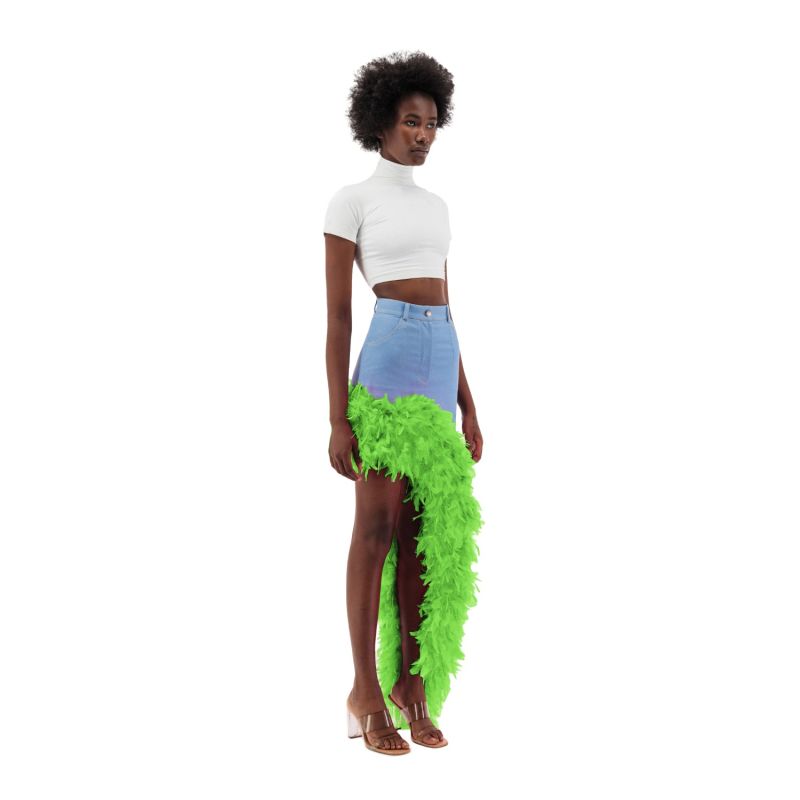 Denim Asymmetrical Green Feather Trim Skirt image