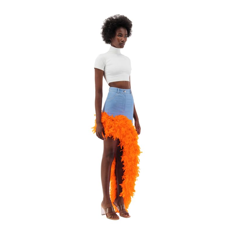 Denim Asymmetrical Orange Feather Trim Skirt image